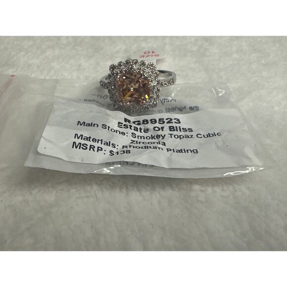 Bomb Party Ring RG89523 Smokey Topaz CZ Rhodium Plating Estate of Bliss sz 10 - Picture 2 of 2